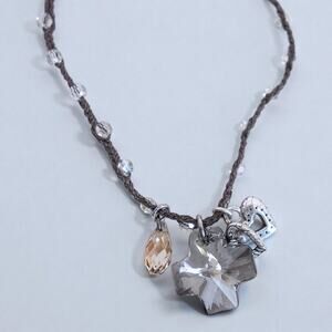 Brighton Karma Brown Cord Beaded Charm Necklace Crystal Cross Smoky Gray Retired